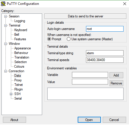 PuTTy Connection Data