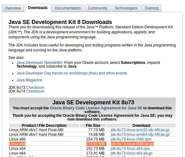 Baixar o JDK versão para o Linux de arquitetura de 30 bits