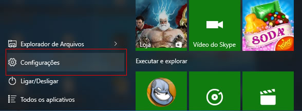 Configurações do menu iniciar