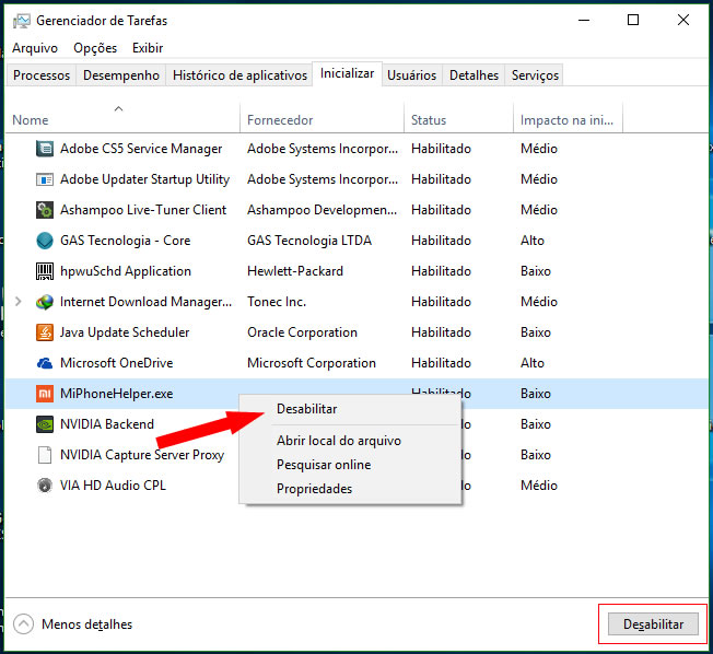 Desabilitar software que está inicializando com o windows 10
