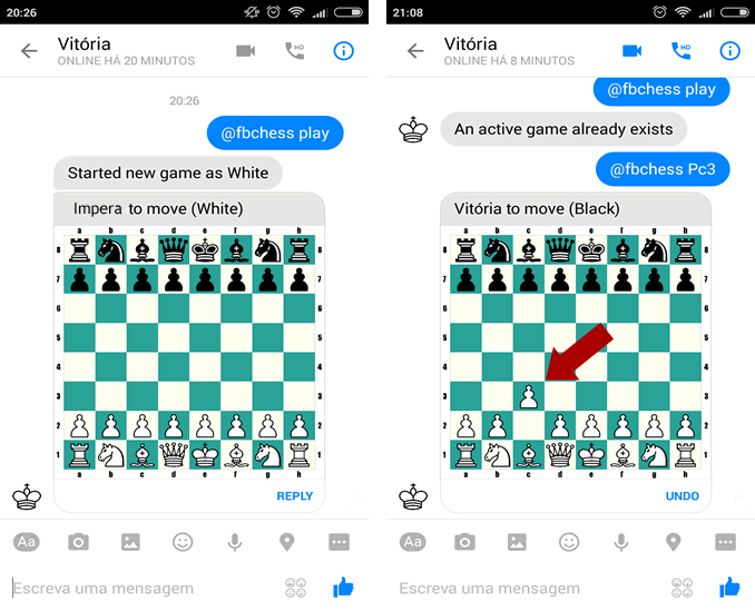 Movendo peca do xadrez do messenge