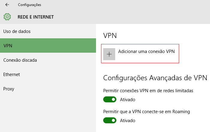 Selecionar VPN em Rede e Internet