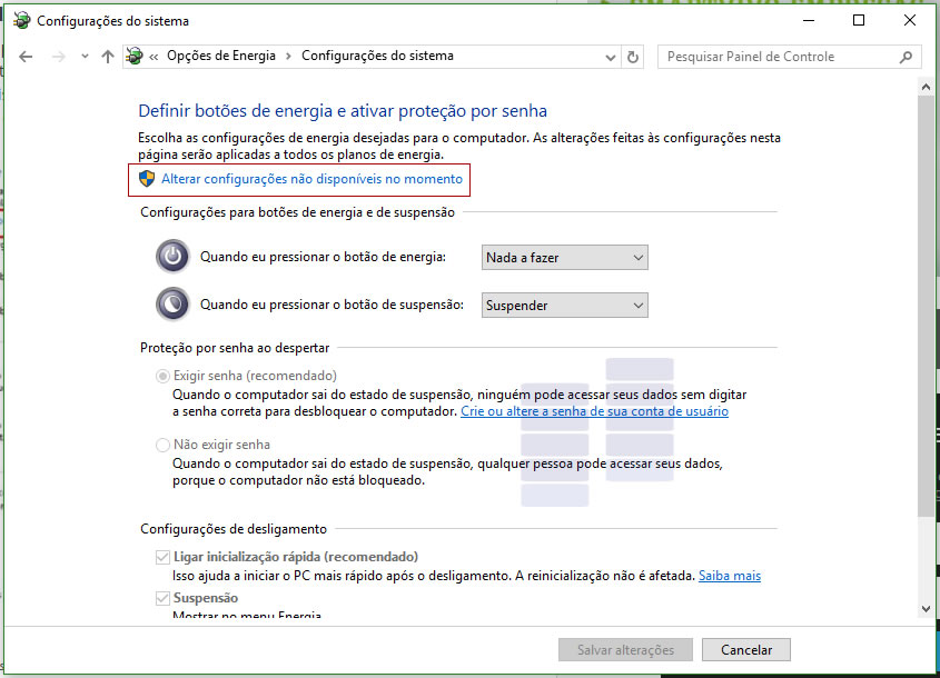 Alterar configurações não disponíveis no momento