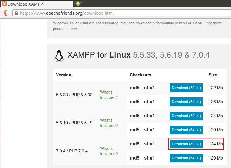 Versões do XAMPP para a distribuição Ubuntu